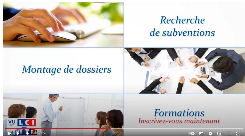 Subventions européennes IA Texte sur un fond blanc : "Recherche de subventions", "Montage de dossiers", "Formations".