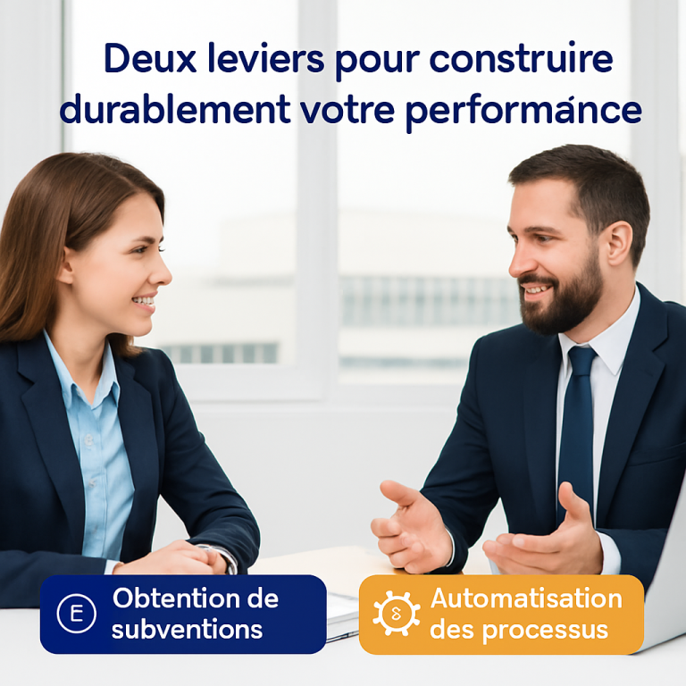 Subventions Deux personnes discutent de l'obtention de subventions et de l'automatisation des processus.